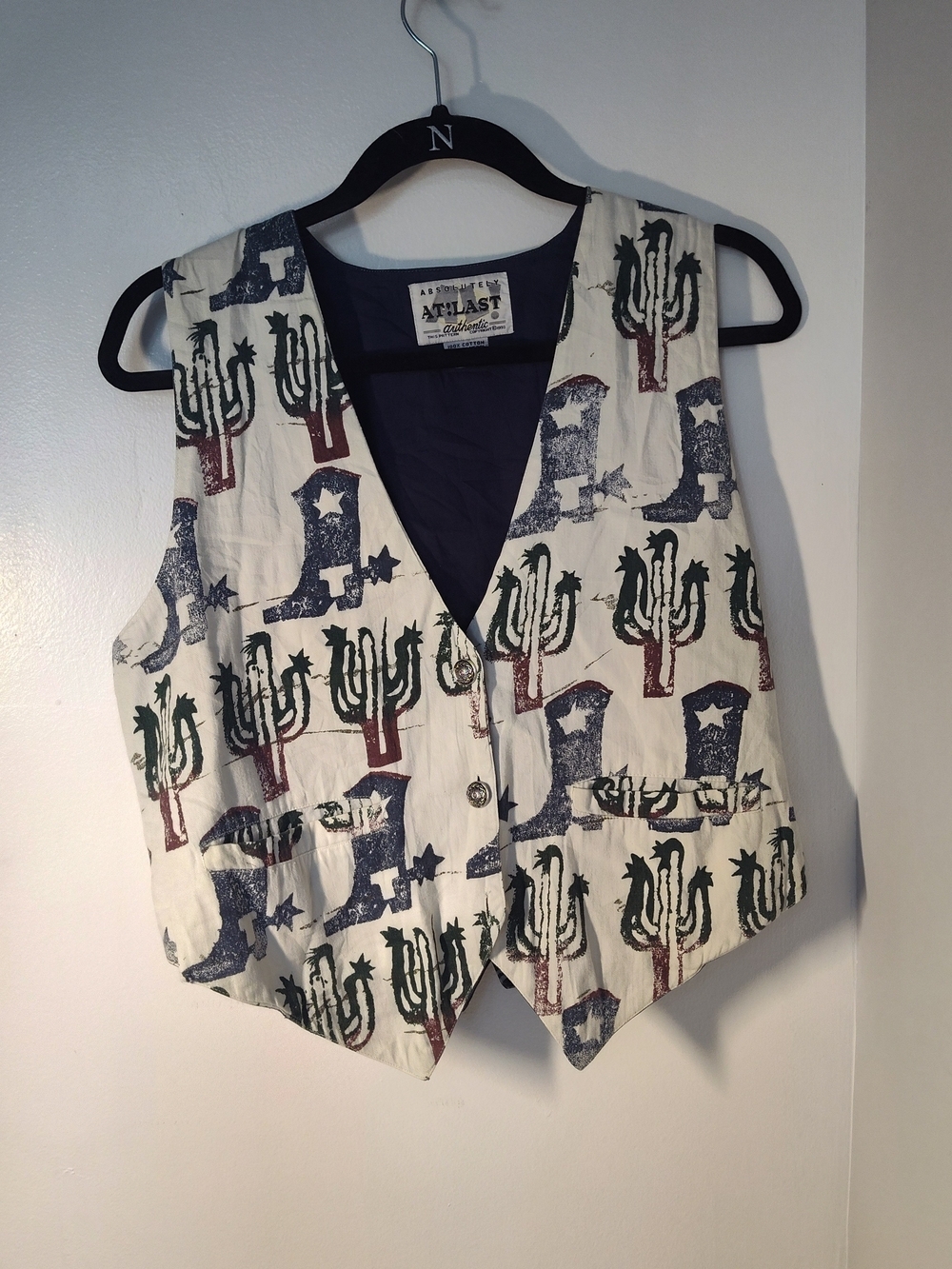 At Last Cream Western Cactus & Boot Print Vest #382
